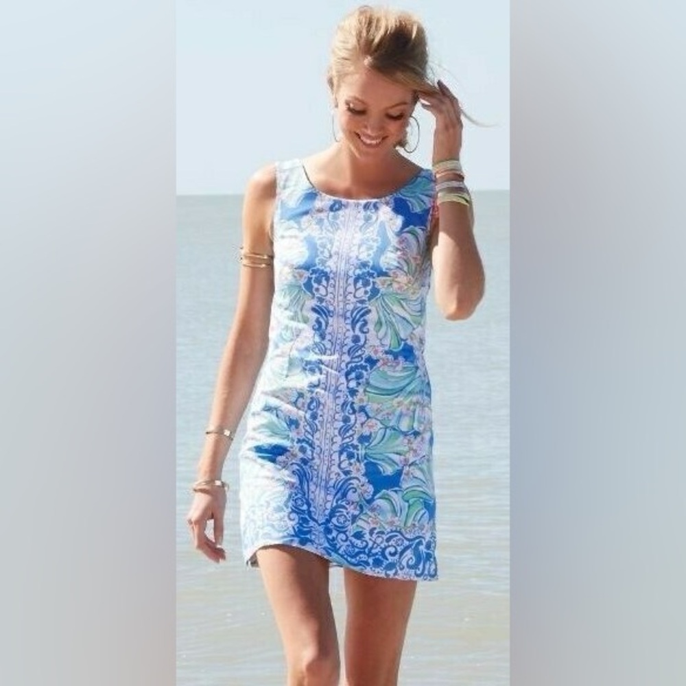 Lilly Pulitzer Cathy Bay Blue Coasting Engineered Shell Shift Dress 00 XS